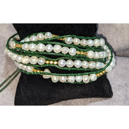 Boho Pearl Wrap Bracelet Victoria Emerson Green Leather Gold Tone