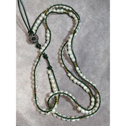 Boho Pearl Wrap Bracelet Victoria Emerson Green Leather Gold Tone
