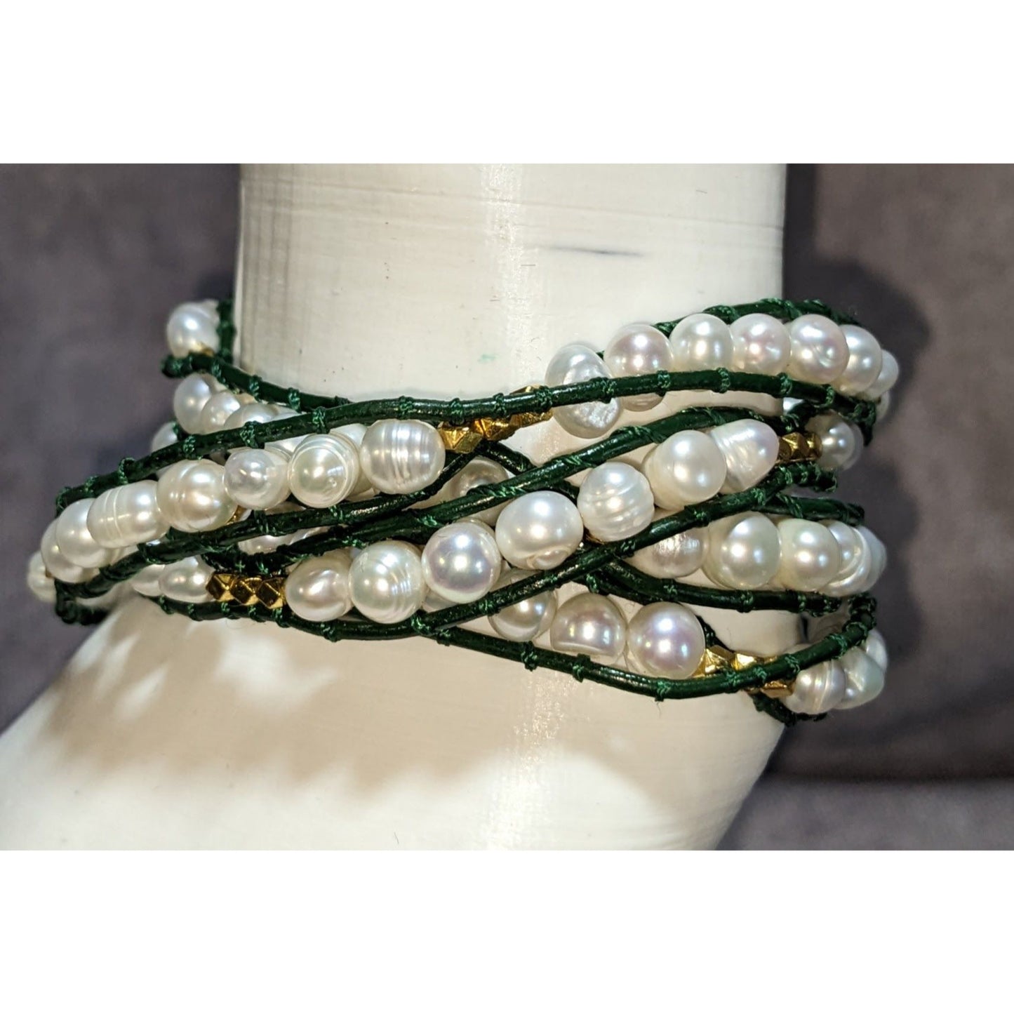 Boho Pearl Wrap Bracelet Victoria Emerson Green Leather Gold Tone