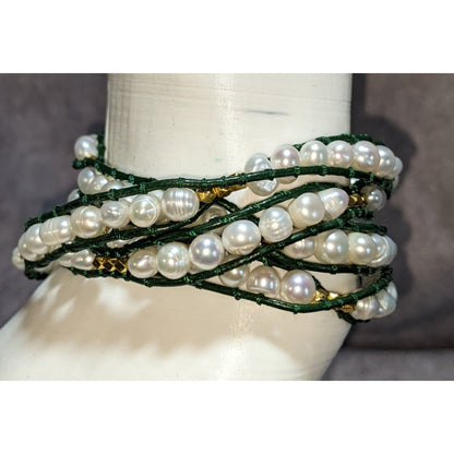 Boho Pearl Wrap Bracelet Victoria Emerson Green Leather Gold Tone