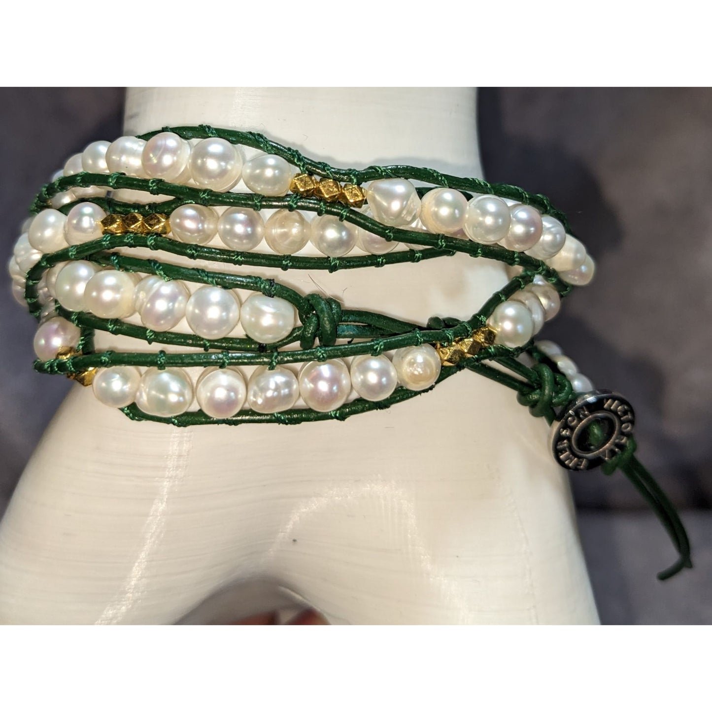 Boho Pearl Wrap Bracelet Victoria Emerson Green Leather Gold Tone