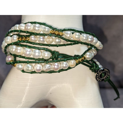 Boho Pearl Wrap Bracelet Victoria Emerson Green Leather Gold Tone