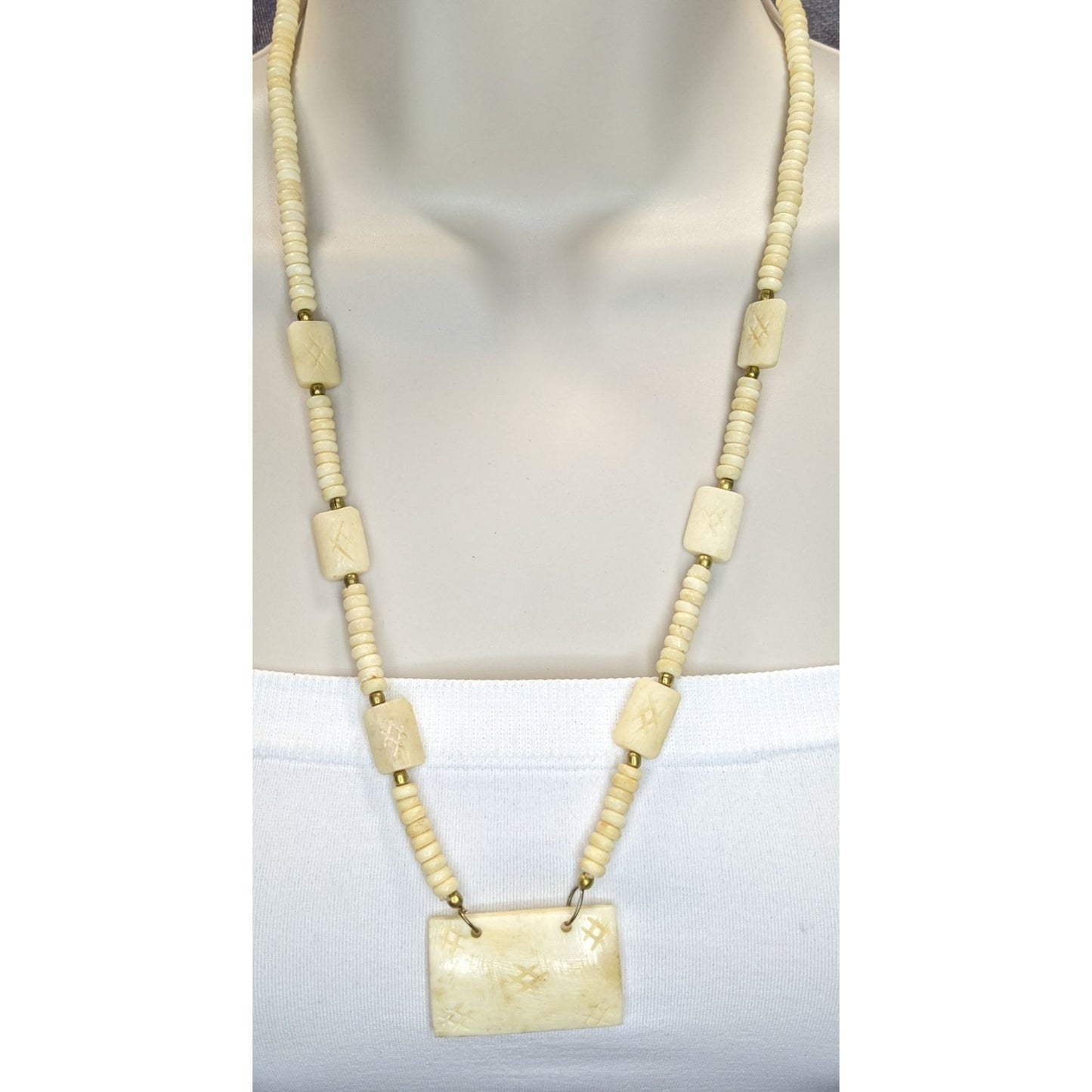 Vintage Hand Carved Cow Bone Beaded Necklace Cream Tribal Boho