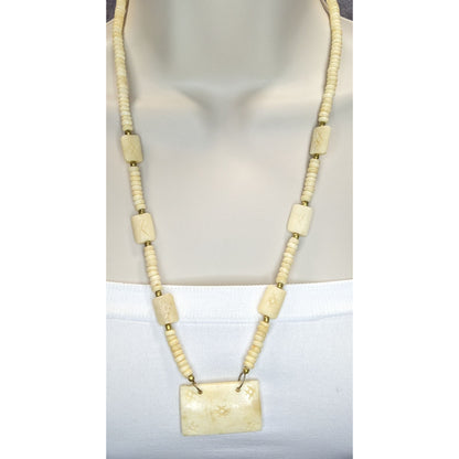 Vintage Hand Carved Cow Bone Beaded Necklace Cream Tribal Boho