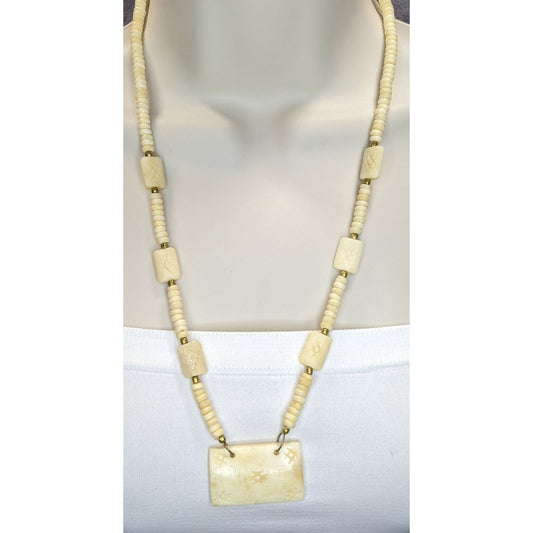 Vintage Hand Carved Cow Bone Beaded Necklace Cream Tribal Boho