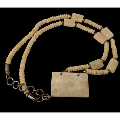 Vintage Hand Carved Cow Bone Beaded Necklace Cream Tribal Boho