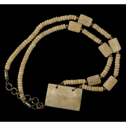 Vintage Hand Carved Cow Bone Beaded Necklace Cream Tribal Boho