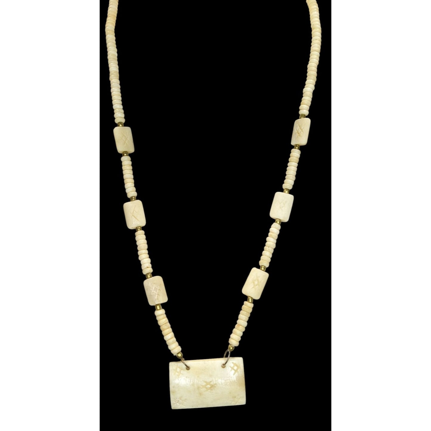 Vintage Hand Carved Cow Bone Beaded Necklace Cream Tribal Boho