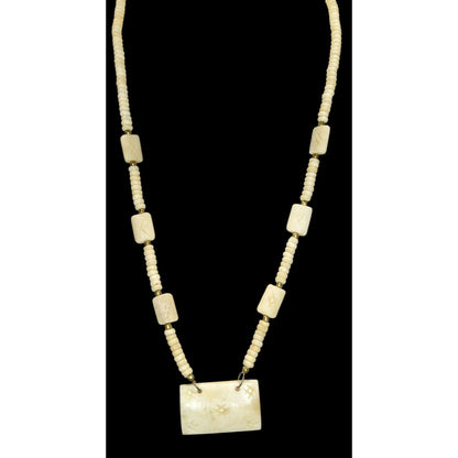 Vintage Hand Carved Cow Bone Beaded Necklace Cream Tribal Boho