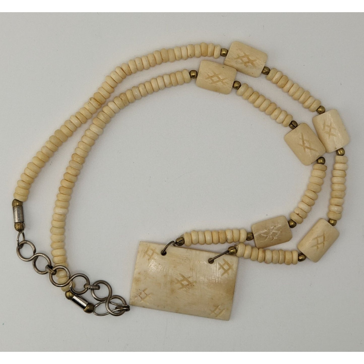 Vintage Hand Carved Cow Bone Beaded Necklace Cream Tribal Boho