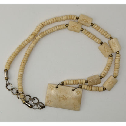 Vintage Hand Carved Cow Bone Beaded Necklace Cream Tribal Boho