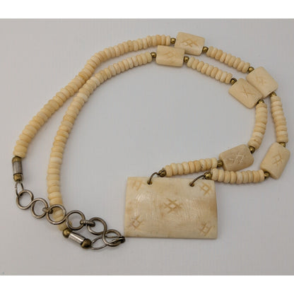 Vintage Hand Carved Cow Bone Beaded Necklace Cream Tribal Boho