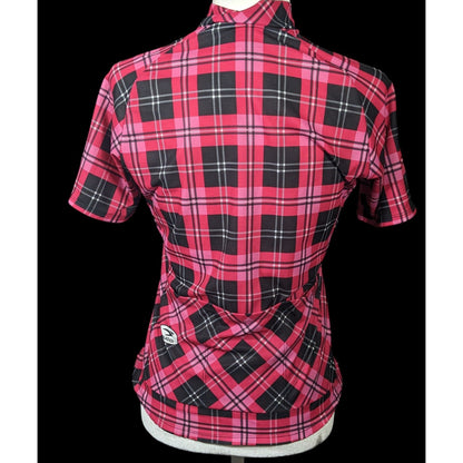 Sugoi Lumber Jane Pink And Black Plaid Cycling Jersey With Pockets Size Small