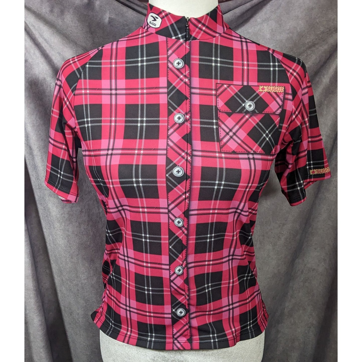 Sugoi Lumber Jane Pink And Black Plaid Cycling Jersey With Pockets Size Small