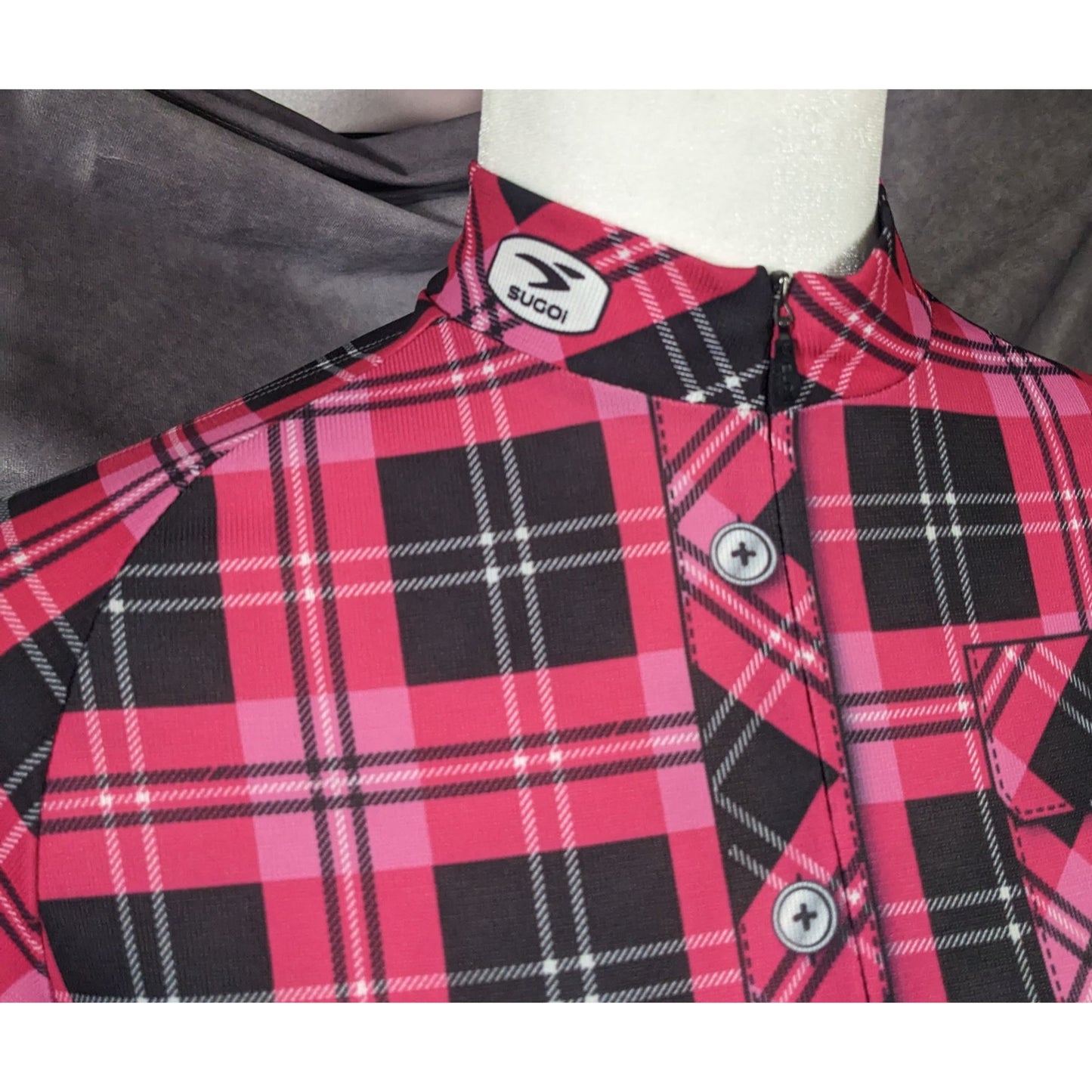 Sugoi Lumber Jane Pink And Black Plaid Cycling Jersey With Pockets Size Small
