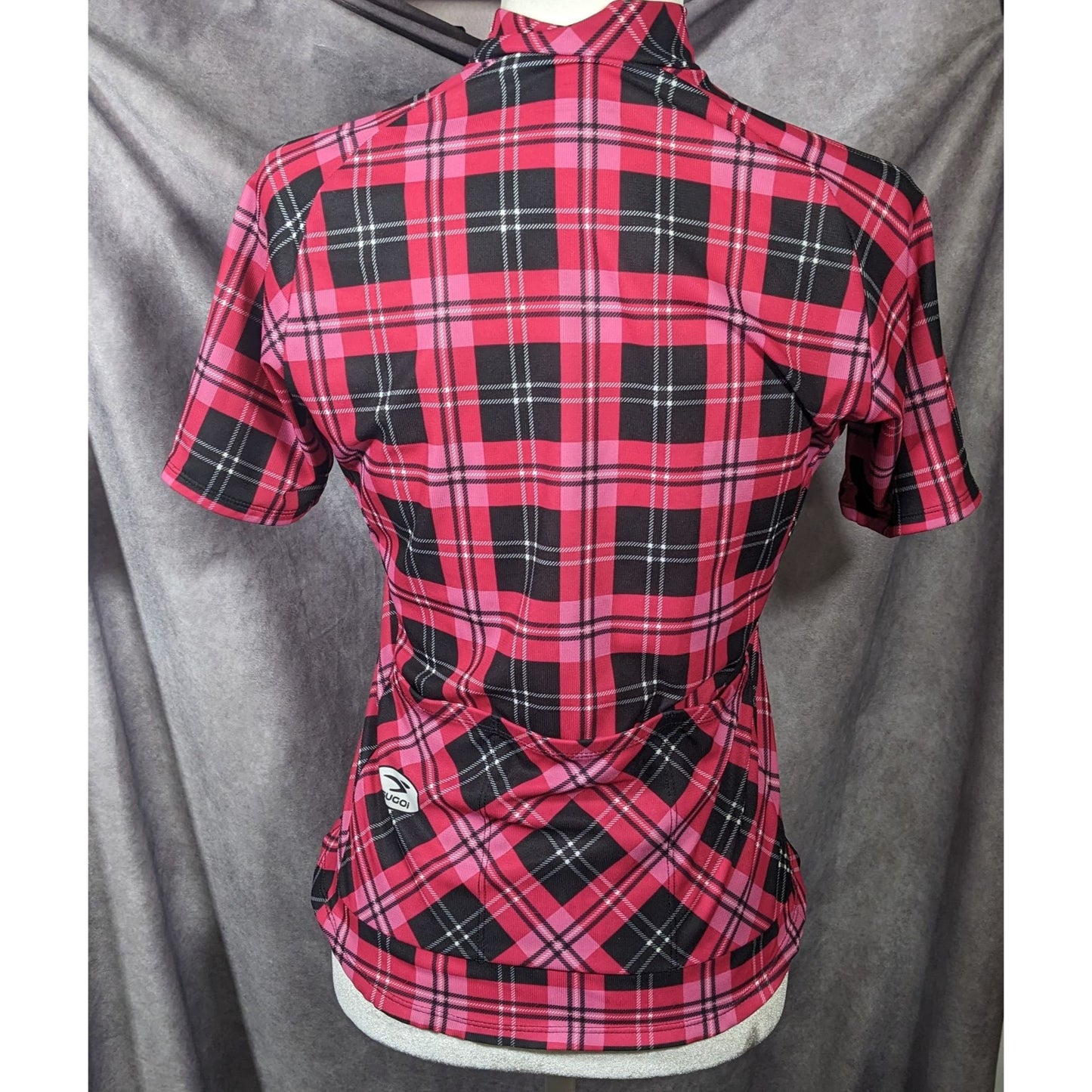 Sugoi Lumber Jane Pink And Black Plaid Cycling Jersey With Pockets Size Small
