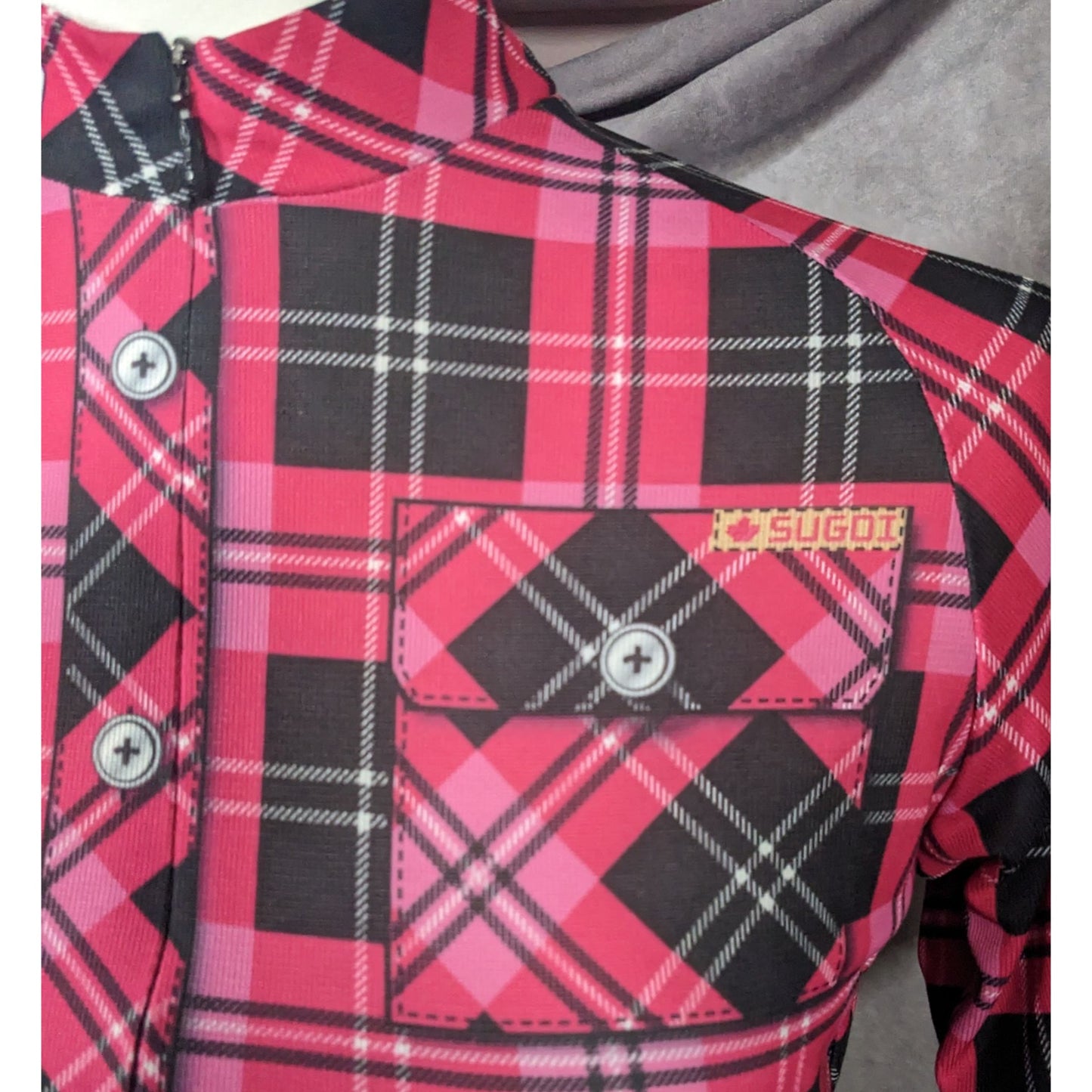 Sugoi Lumber Jane Pink And Black Plaid Cycling Jersey With Pockets Size Small