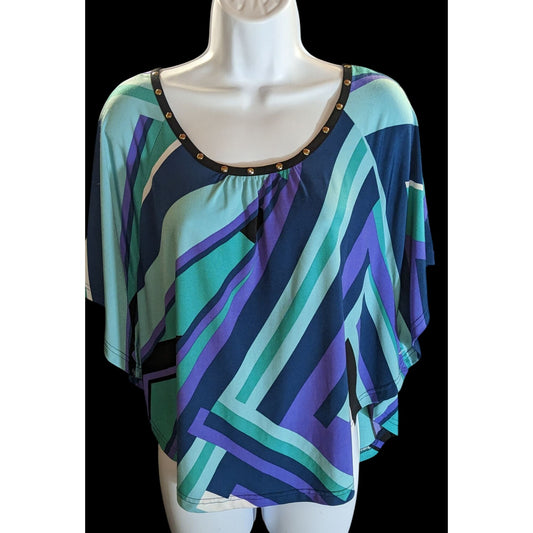 Vintage Candie's Colorblock Blouse Blue Green Geometric Abstract Top