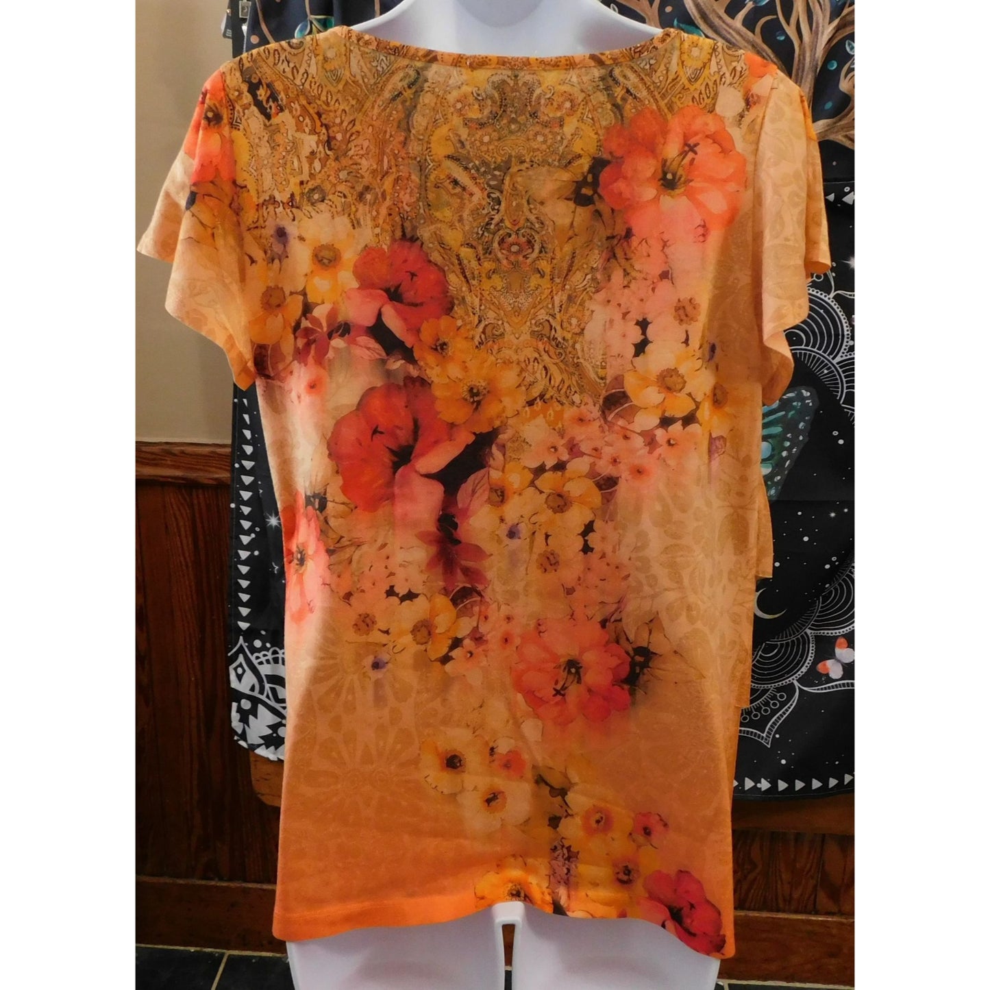 Dress Barn Floral Orange Ruffle Top Size Medium