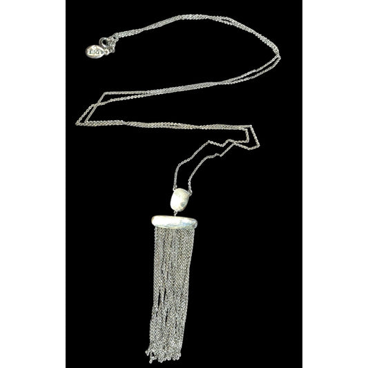 Loft Boho Chic Long Silver Tone Tassel Pendant Necklace With Chain Fringe & Oval Accent