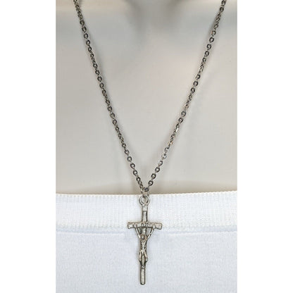 Gothic Silver Tone Jesus Crucifix Cross Pendant Necklace Religious 19 Inch