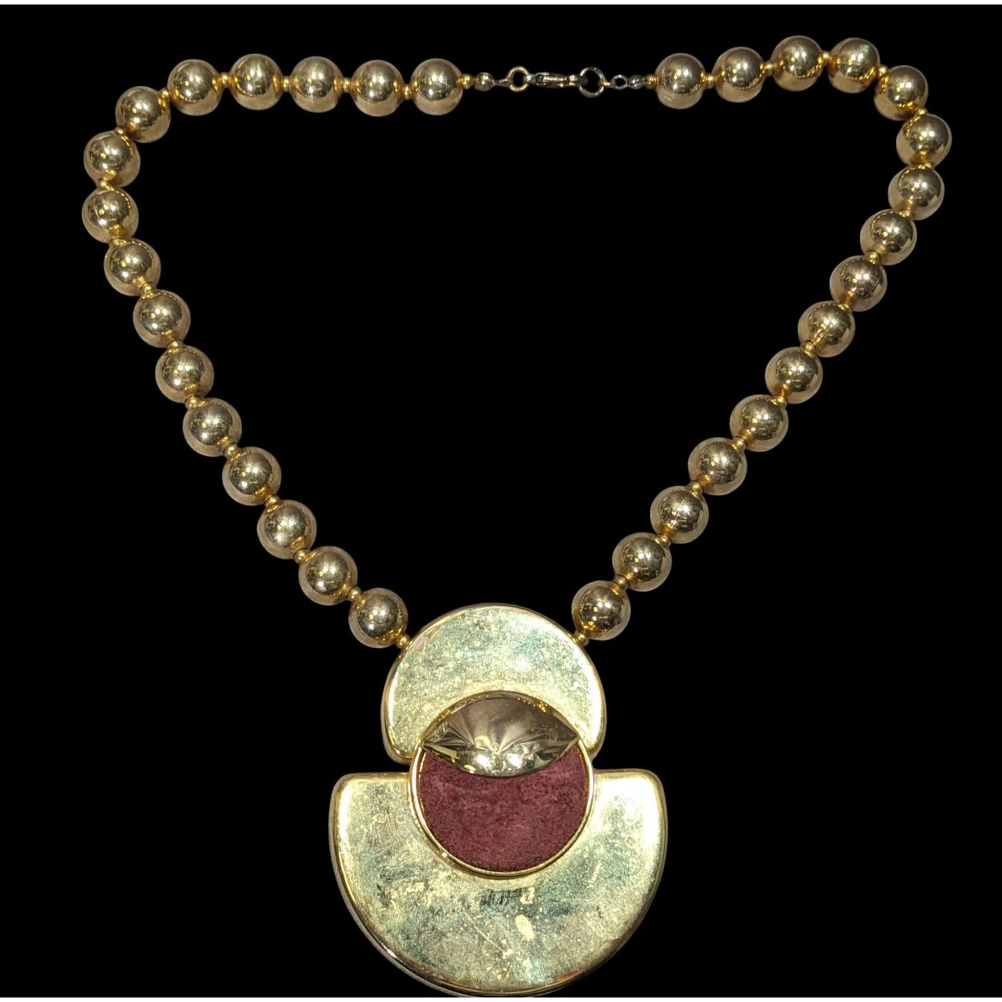 Vintage Retro Chunky Gold-Tone Beaded Necklace With Bold Pendant & Burgundy Suede Accent