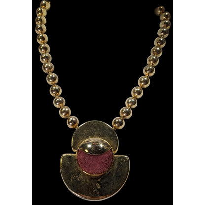 Vintage Retro Chunky Gold-Tone Beaded Necklace With Bold Pendant & Burgundy Suede Accent