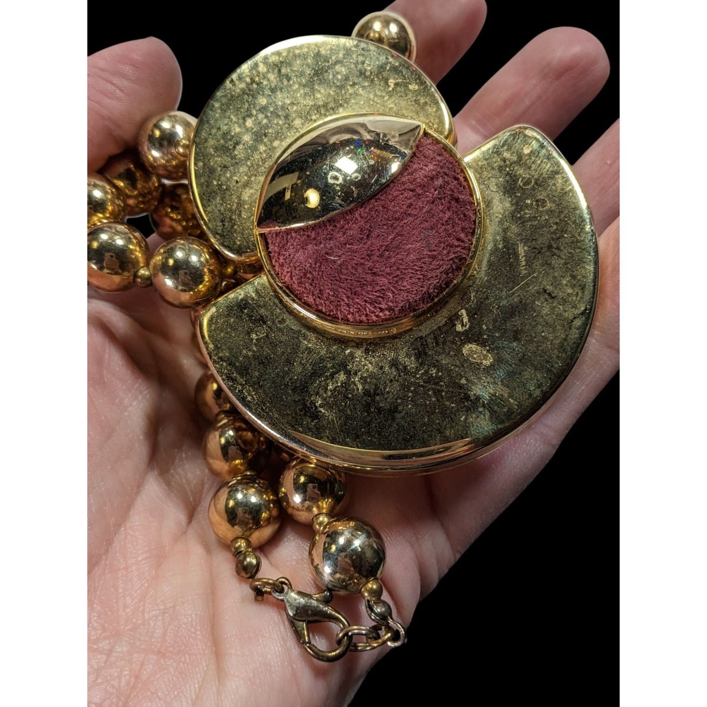 Vintage Retro Chunky Gold-Tone Beaded Necklace With Bold Pendant & Burgundy Suede Accent