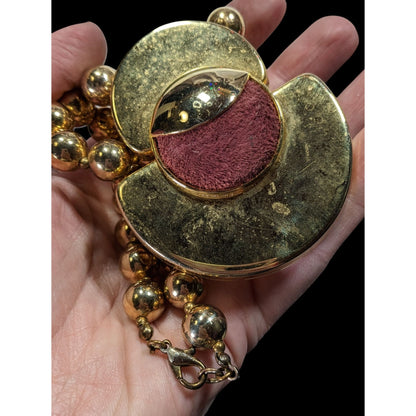 Vintage Retro Chunky Gold-Tone Beaded Necklace With Bold Pendant & Burgundy Suede Accent