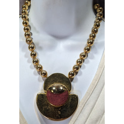 Vintage Retro Chunky Gold-Tone Beaded Necklace With Bold Pendant & Burgundy Suede Accent