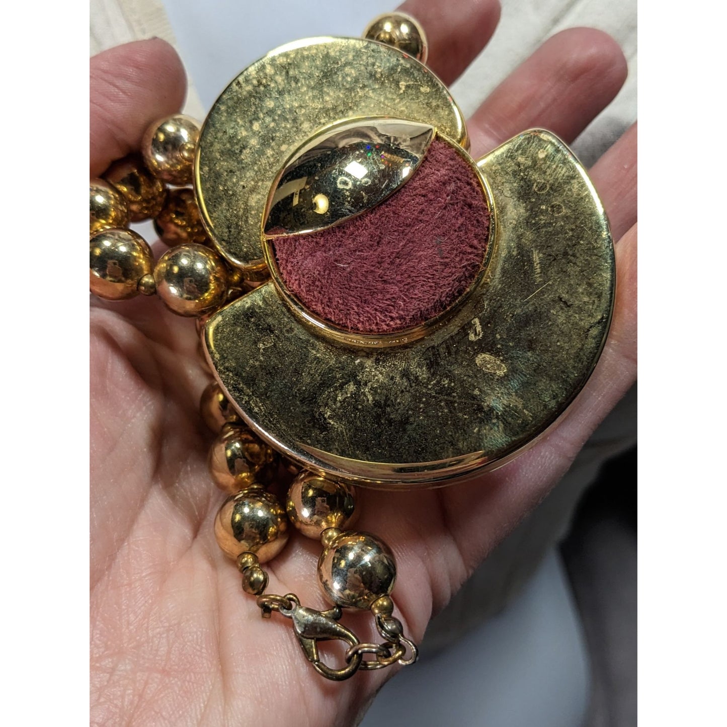 Vintage Retro Chunky Gold-Tone Beaded Necklace With Bold Pendant & Burgundy Suede Accent