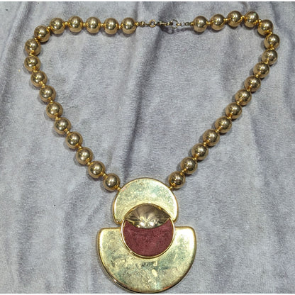 Vintage Retro Chunky Gold-Tone Beaded Necklace With Bold Pendant & Burgundy Suede Accent
