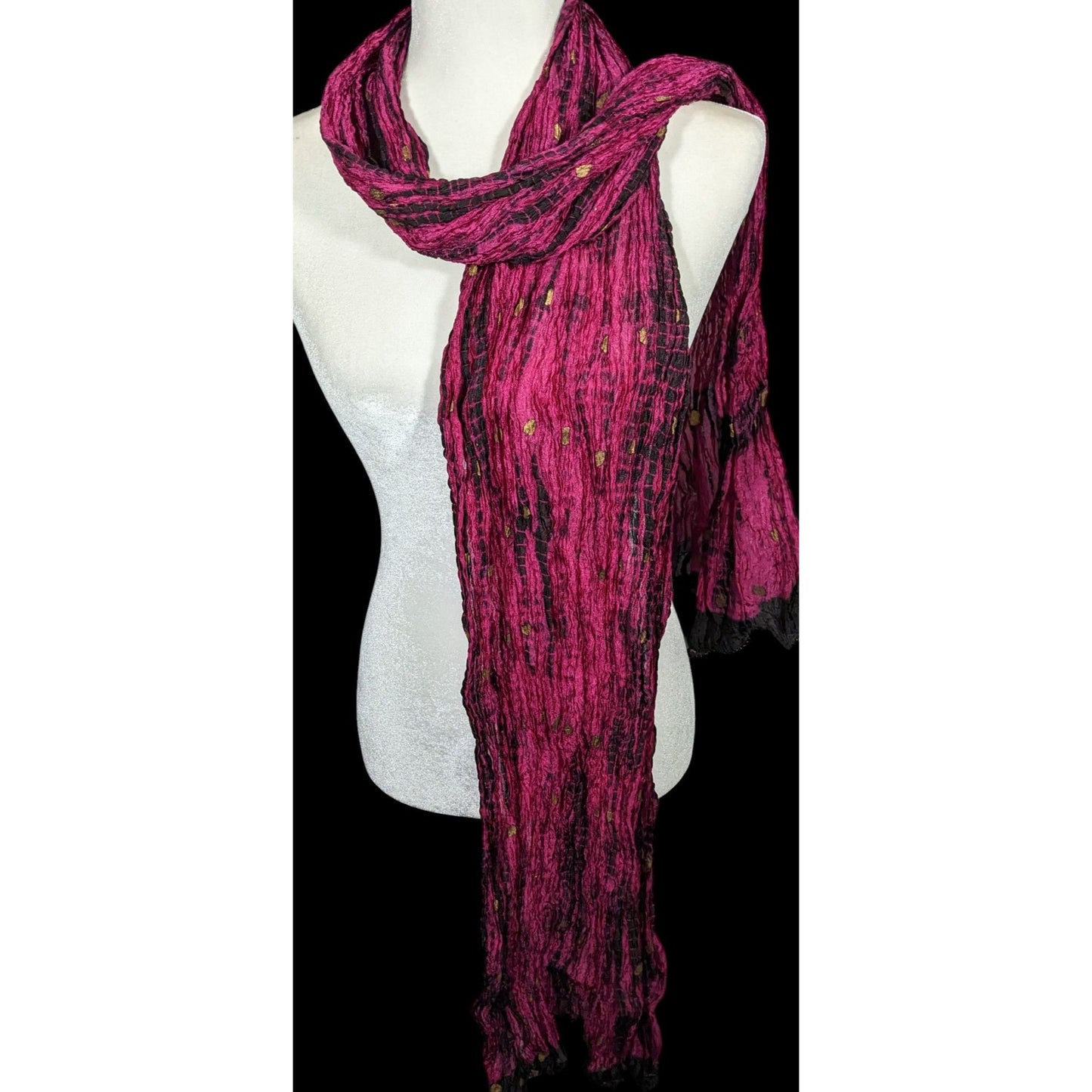 Bohemian Pink And Black Tie Dye Crinkle Scarf With Gold Accents