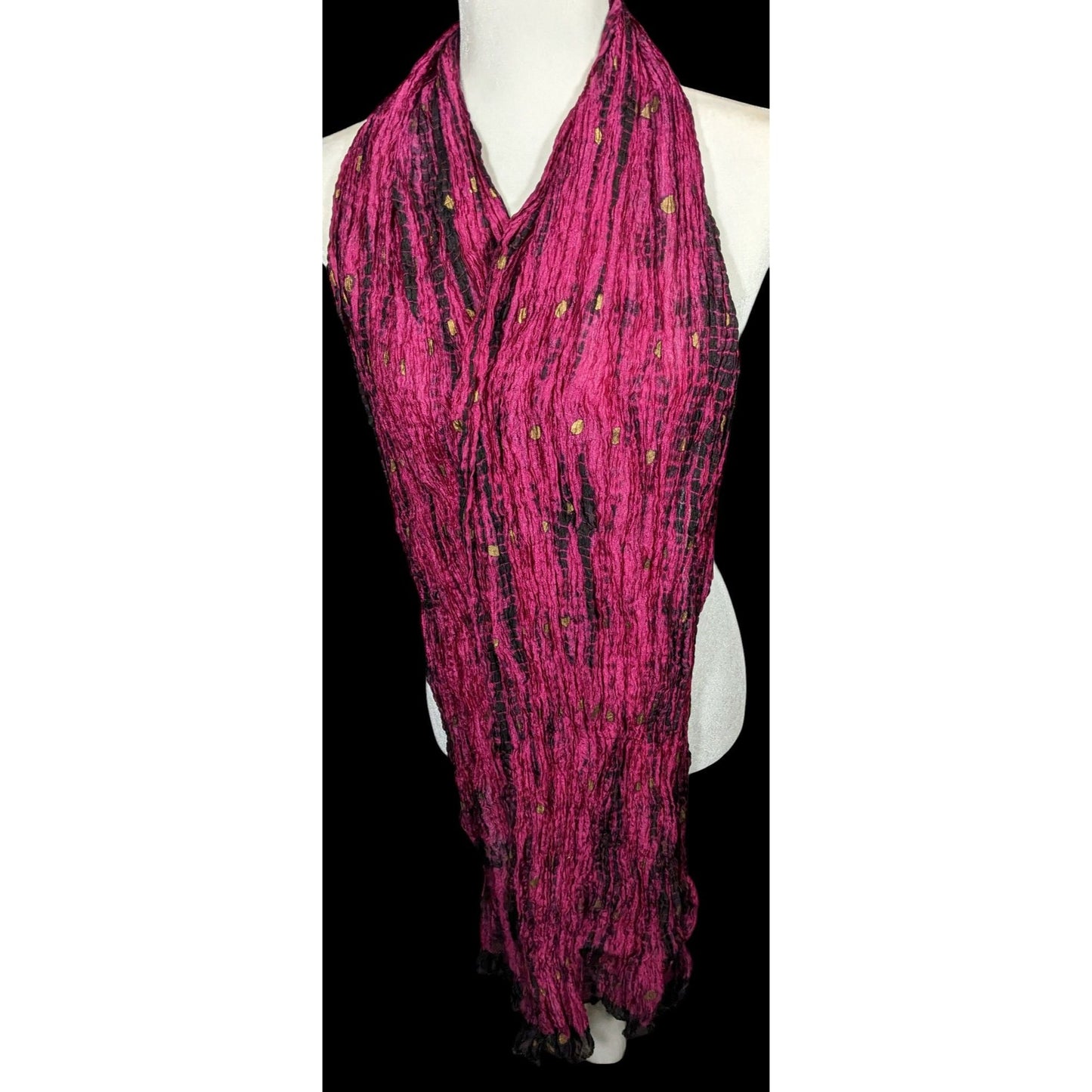 Bohemian Pink And Black Tie Dye Crinkle Scarf With Gold Accents