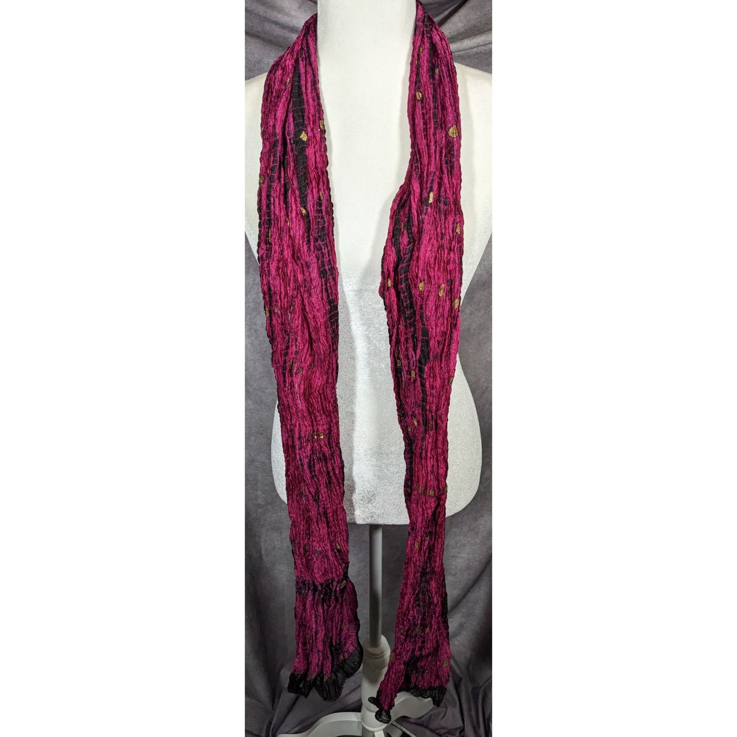 Bohemian Pink And Black Tie Dye Crinkle Scarf With Gold Accents