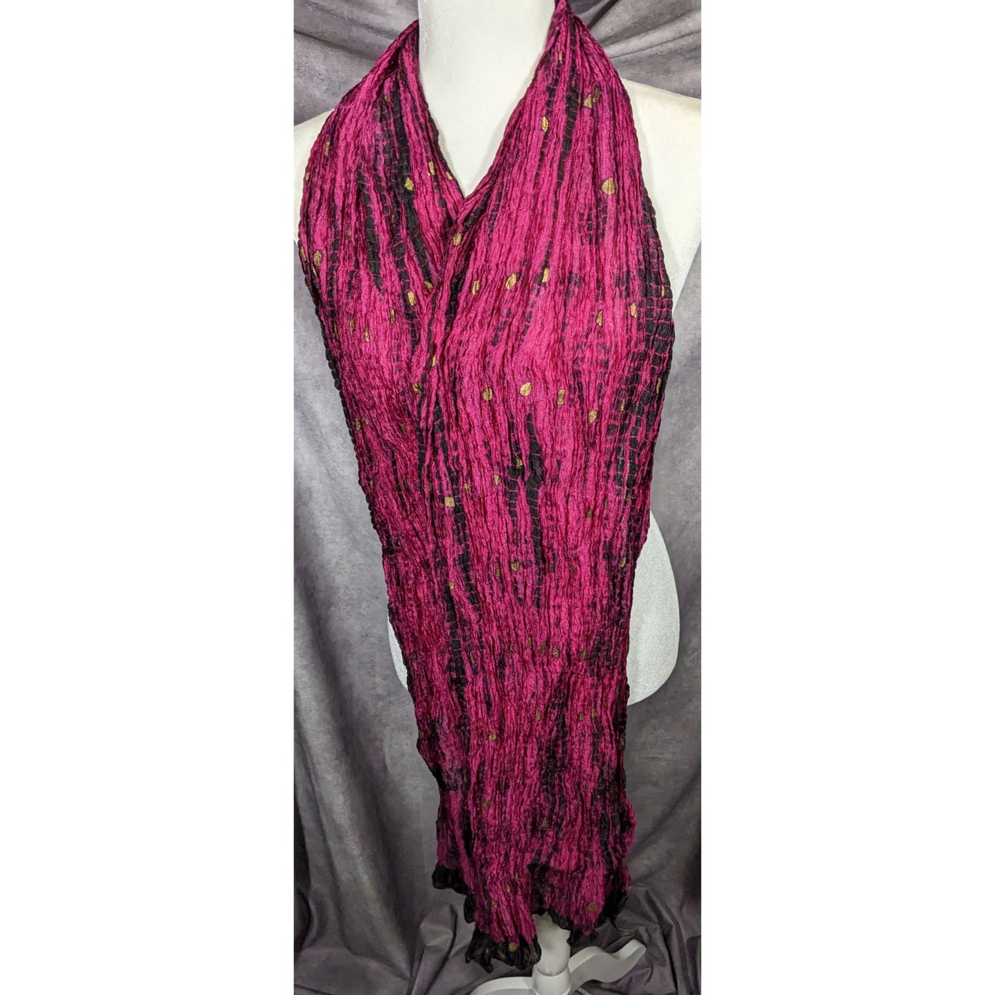 Bohemian Pink And Black Tie Dye Crinkle Scarf With Gold Accents