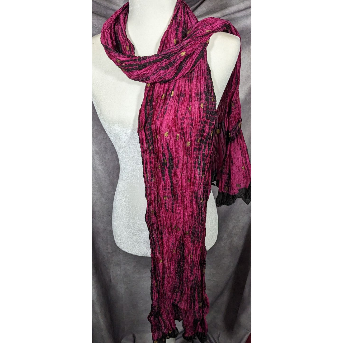 Bohemian Pink And Black Tie Dye Crinkle Scarf With Gold Accents