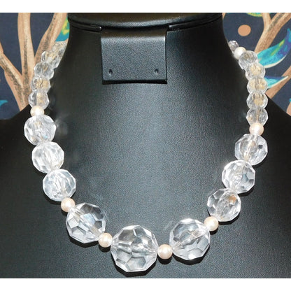 Chunky Clear Faceted Beaded Necklace With Faux Pearl Accents