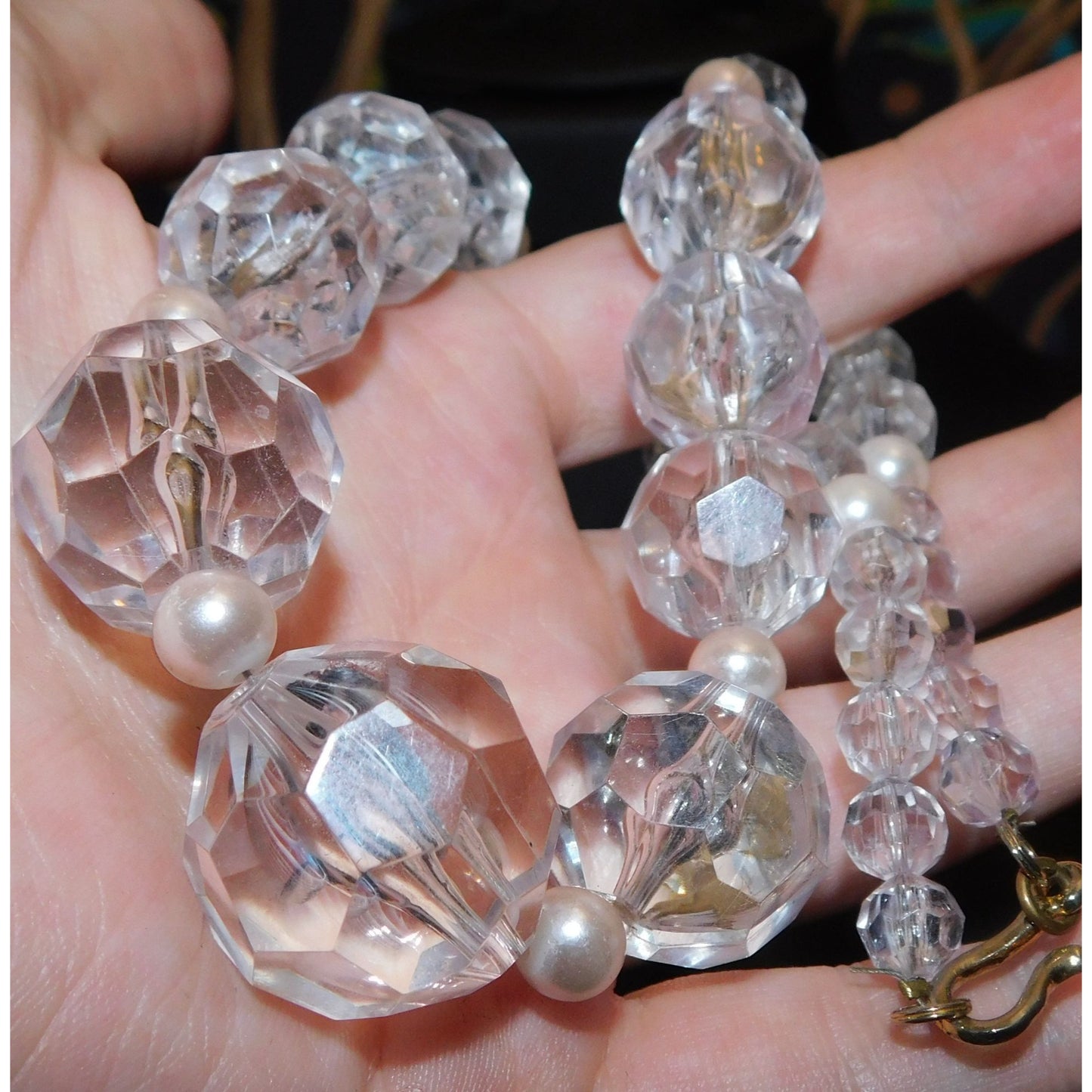 Chunky Clear Faceted Beaded Necklace With Faux Pearl Accents