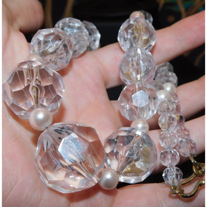 Chunky Clear Faceted Beaded Necklace With Faux Pearl Accents