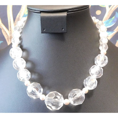 Chunky Clear Faceted Beaded Necklace With Faux Pearl Accents
