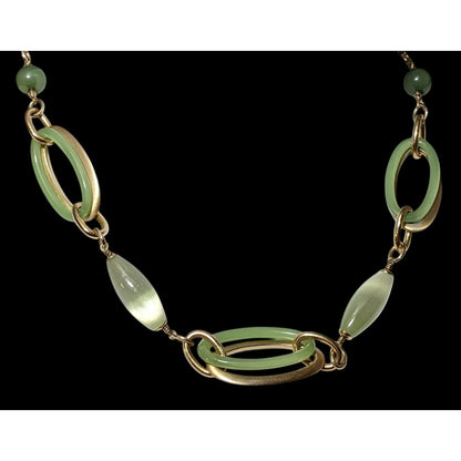 Vintage Liz Claiborne Green And Gold Cateye Retro Necklace