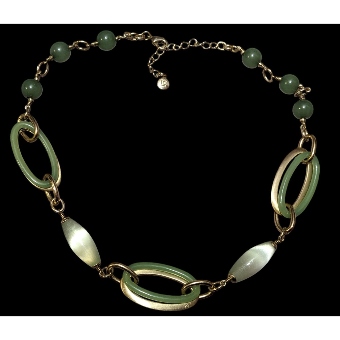 Vintage Liz Claiborne Green And Gold Cateye Retro Necklace