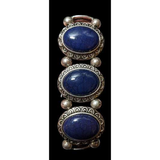 Silver Tone And Blue Cabochon Vintage Style Stretch Bracelet