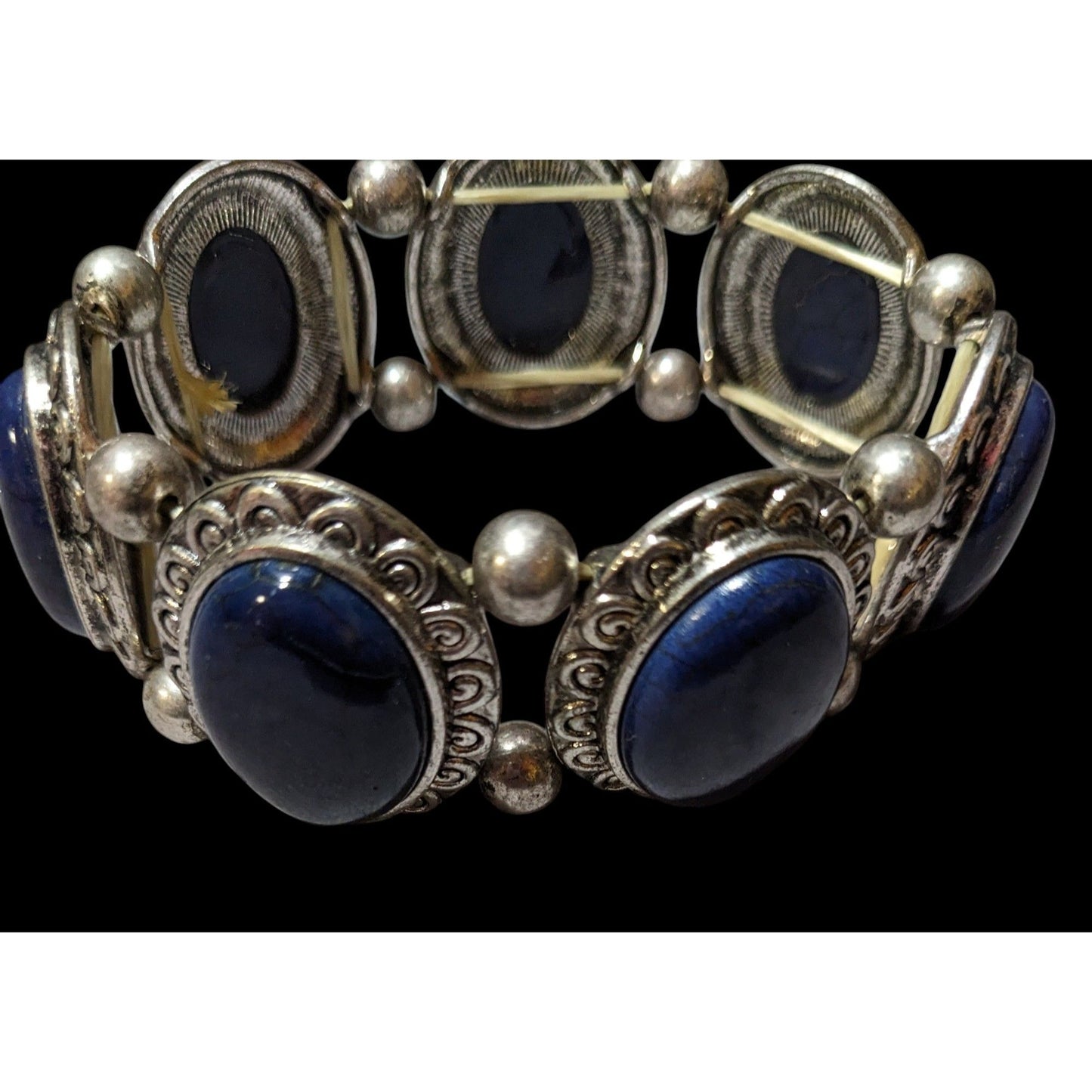 Silver Tone And Blue Cabochon Vintage Style Stretch Bracelet