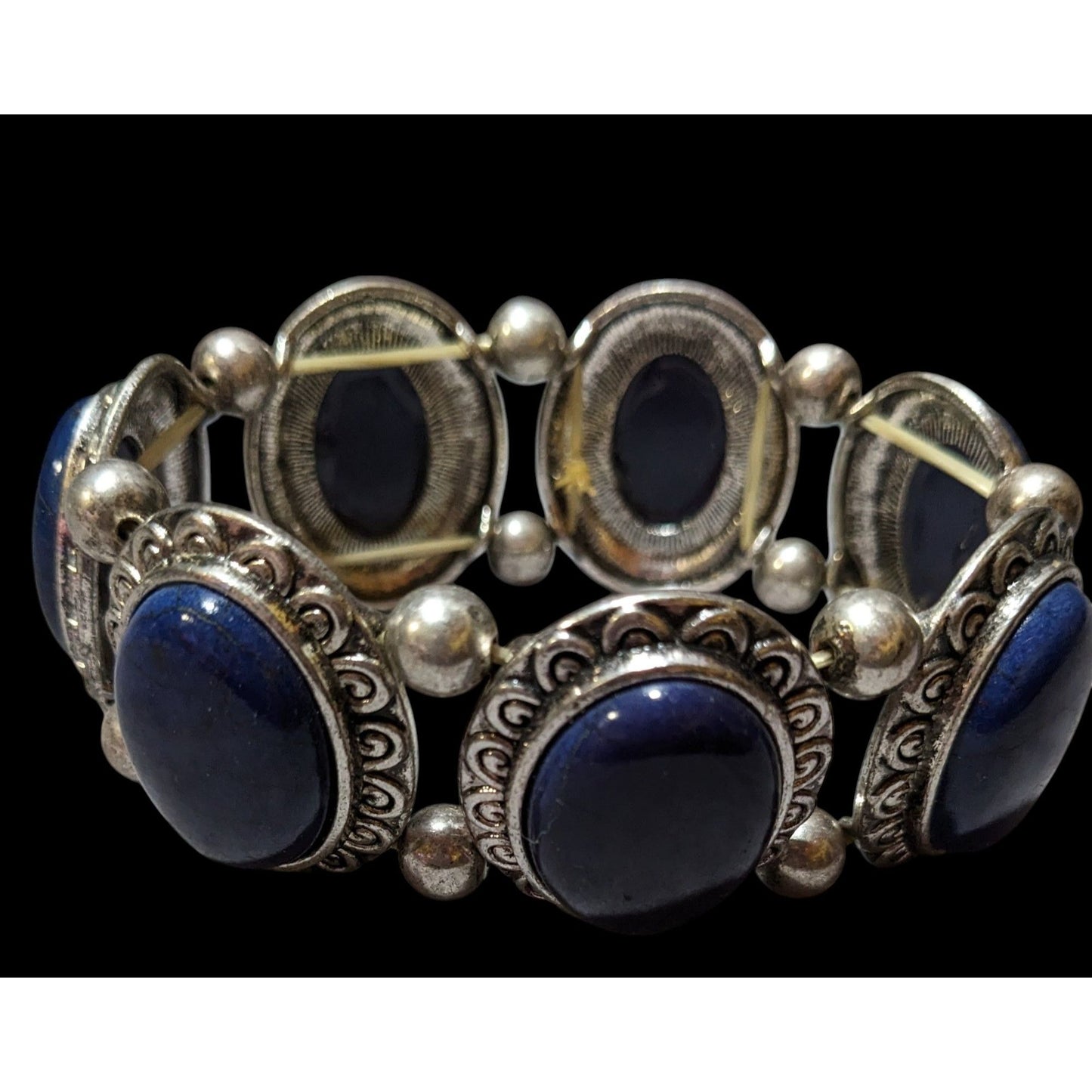 Silver Tone And Blue Cabochon Vintage Style Stretch Bracelet