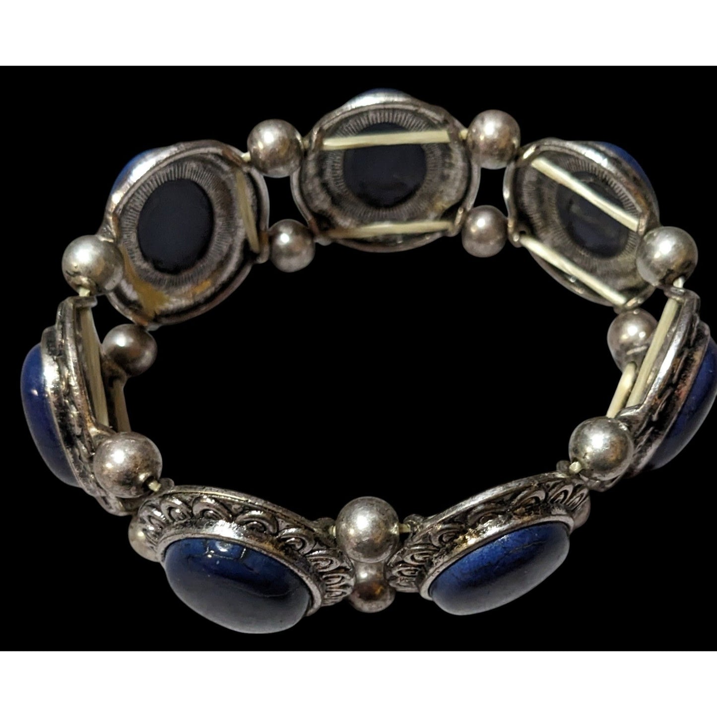 Silver Tone And Blue Cabochon Vintage Style Stretch Bracelet