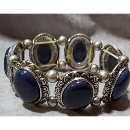 Silver Tone And Blue Cabochon Vintage Style Stretch Bracelet