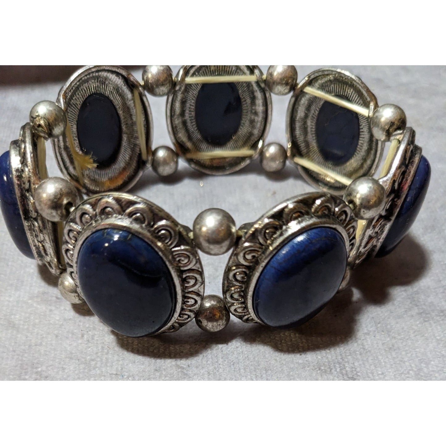 Silver Tone And Blue Cabochon Vintage Style Stretch Bracelet