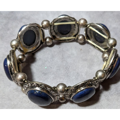 Silver Tone And Blue Cabochon Vintage Style Stretch Bracelet